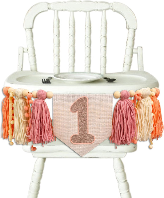 Baby Girl First Birthday High Chair Banner - Pink Tassel Garland,Fairy First Birthday Banner,Wall Hangings Decorative for Kids Photo Props