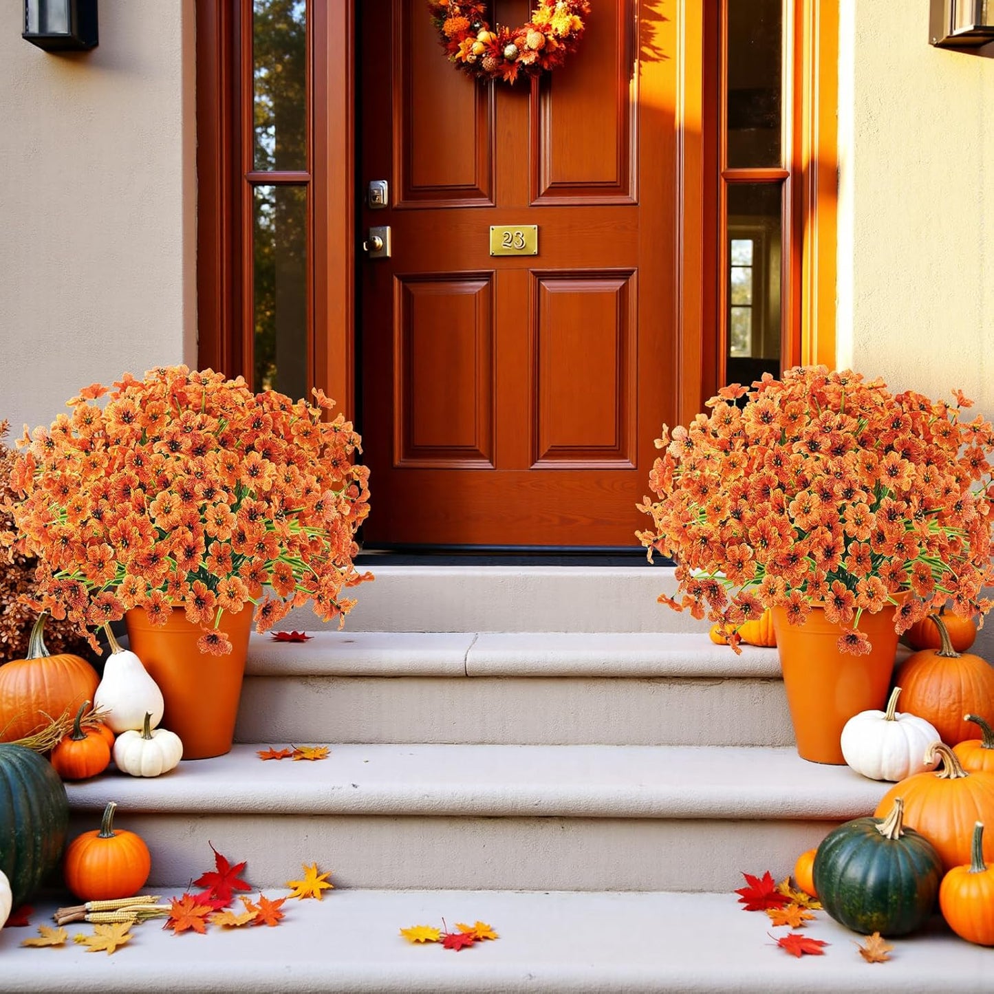 Uieke 16 Bundles Artificial Fall Flowers No Fade Faux Autumn Plants, Fake Indoor Outdoor Greenery for Thanksgiving Table Centerpiece Christmas Wedding Party Home Garden Fireplace Décor (Orange)