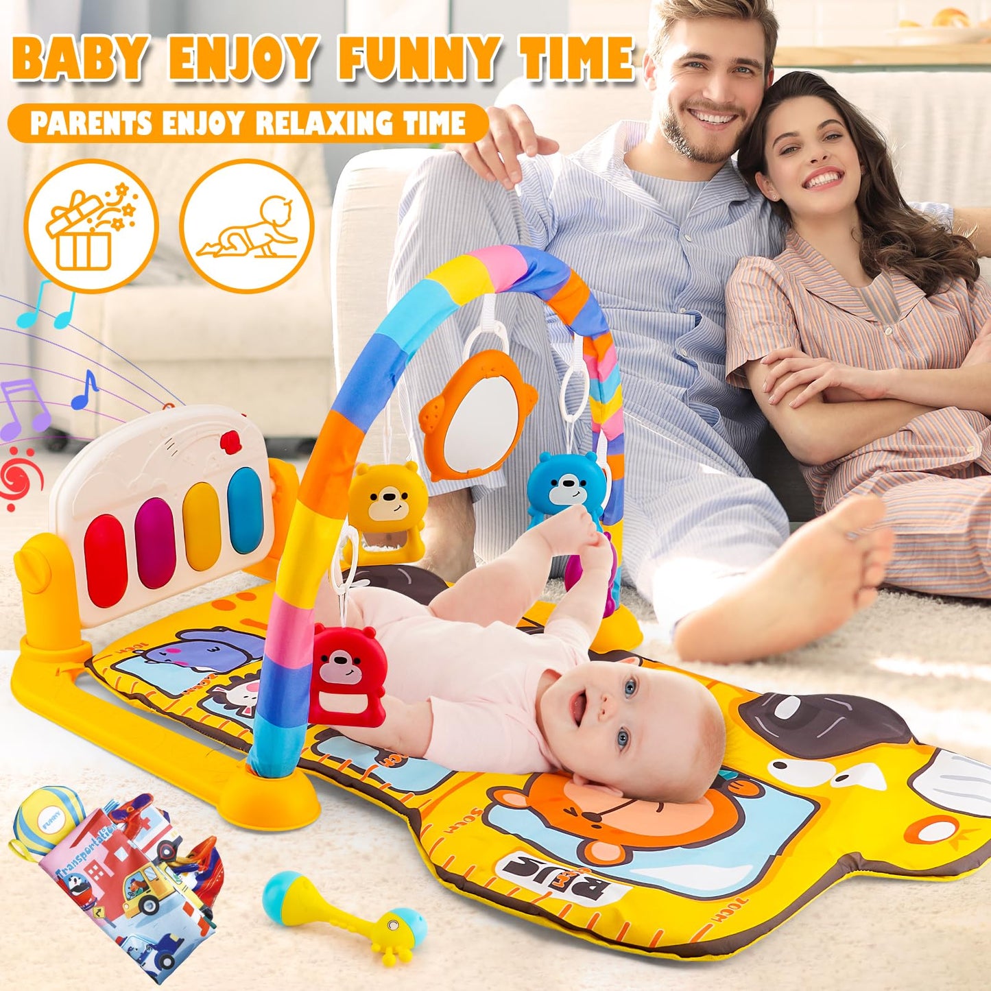 Cartoon Bus Theme Baby Piano mat Kick and Play Gym playmat,Baby Play mat Tummy time mat Fitness Piano with Music and Lights (Bus Baby Play mat(Yellow))