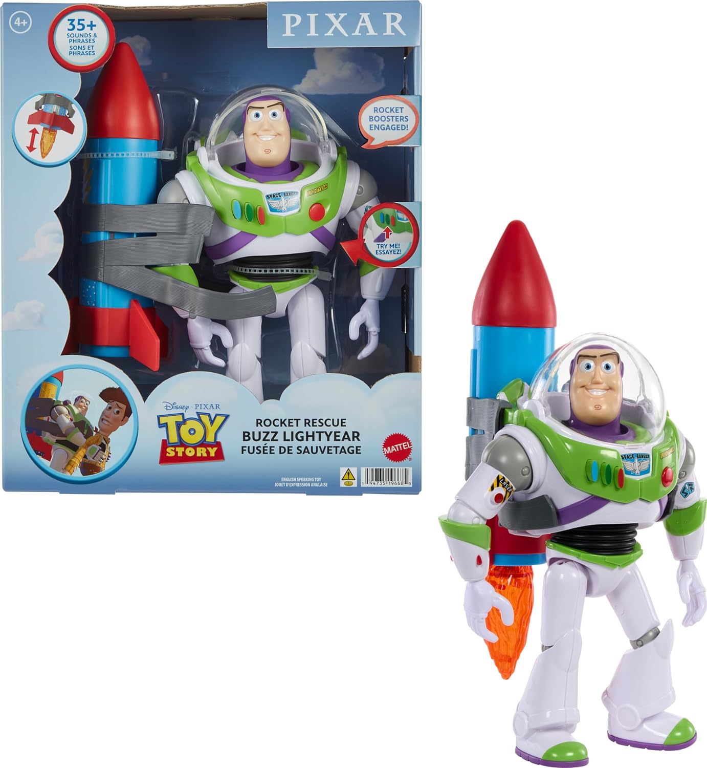 Mattel Disney and Pixar Toy Story Talking Action Figure, Rocket Rescue Buzz Lightyear with 20+ Sounds & Phrases & Moving Helmet Visor, 12-inch Scale