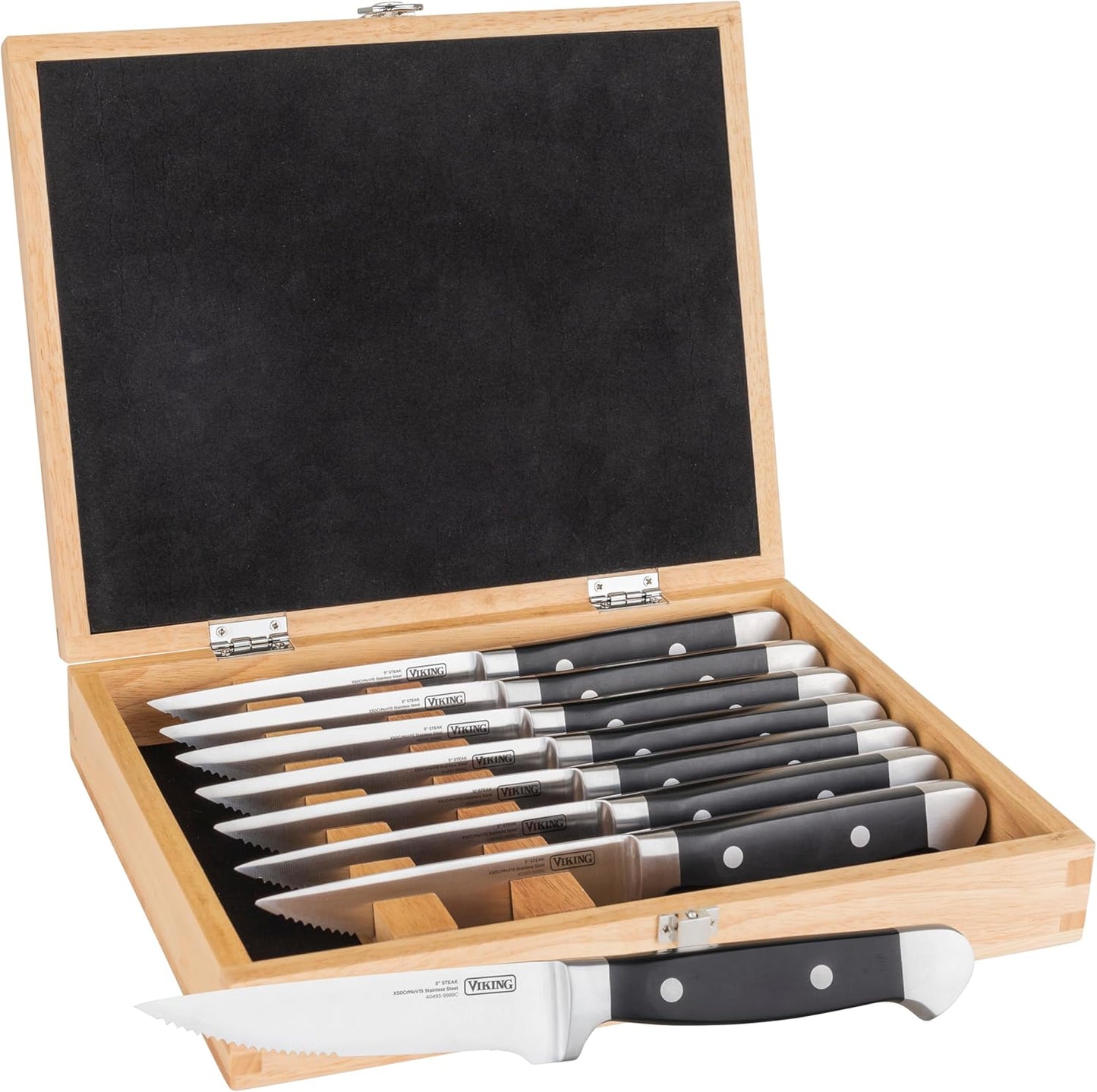 Viking Steak Knife Set, 8 Piece Stainless Steel Kitchen Knives Set with ABS Polymer Handles, Includes Wooden Gift Box, Hand Wash Only, Black - Retail $86