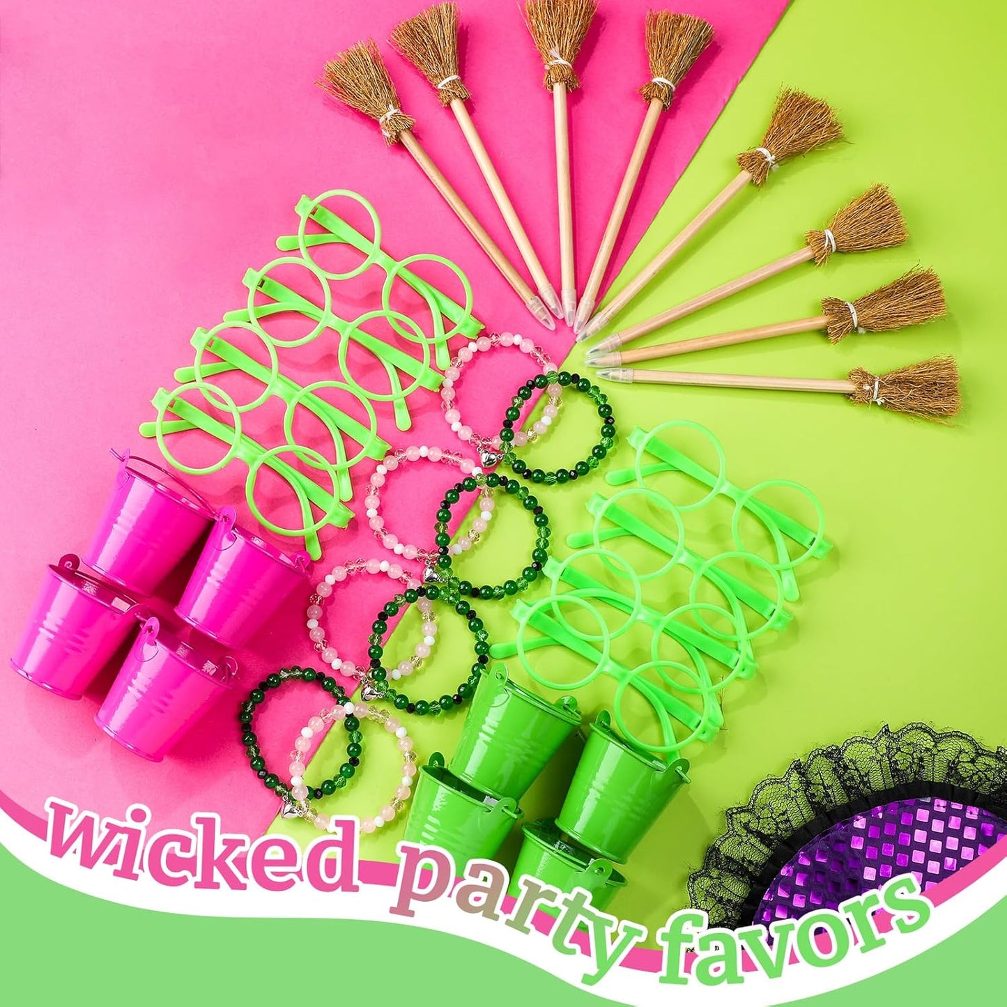 Weysat 32 Pcs Witch and Princess Party Favors Gifts Including Broom Pencils Green and Pink Friendship Matching Bracelets Eyeglass Frames and Small Iron Bucket for Birthdaby Halloween Party Decoration