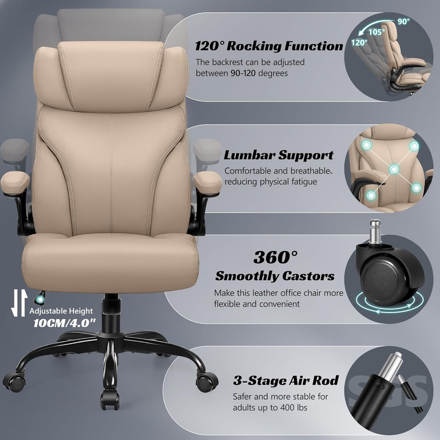 Office Chair, Ergonomic Big and Tall Computer Desk Chairs, Executive Breathable Leather Chair with Adjustable High Back Flip-up Armrests, Lumbar Support Swivel PC Chairs with Rocking Function - Retail $170