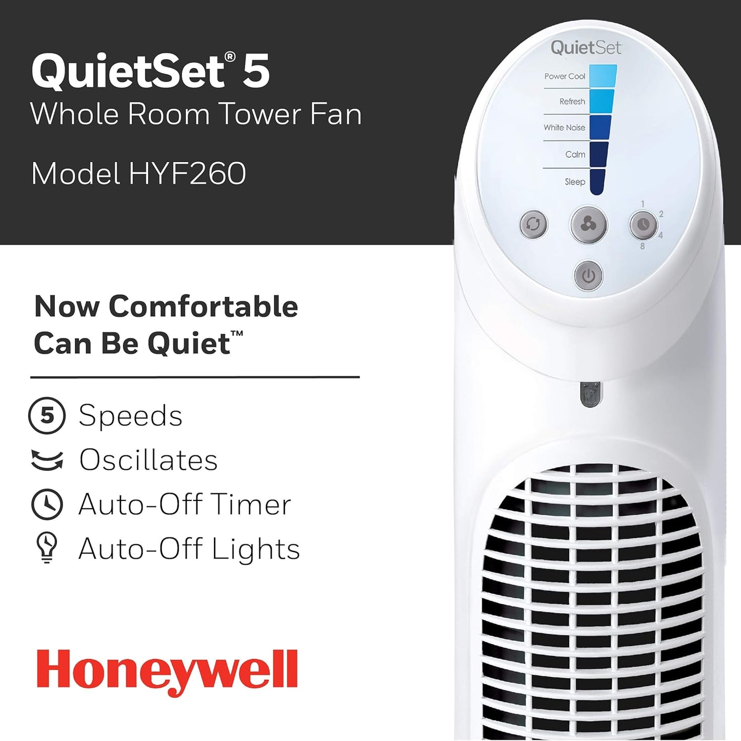 Honeywell HYF260 Quiet Set Whole Room Tower Fan, White - Retail $57