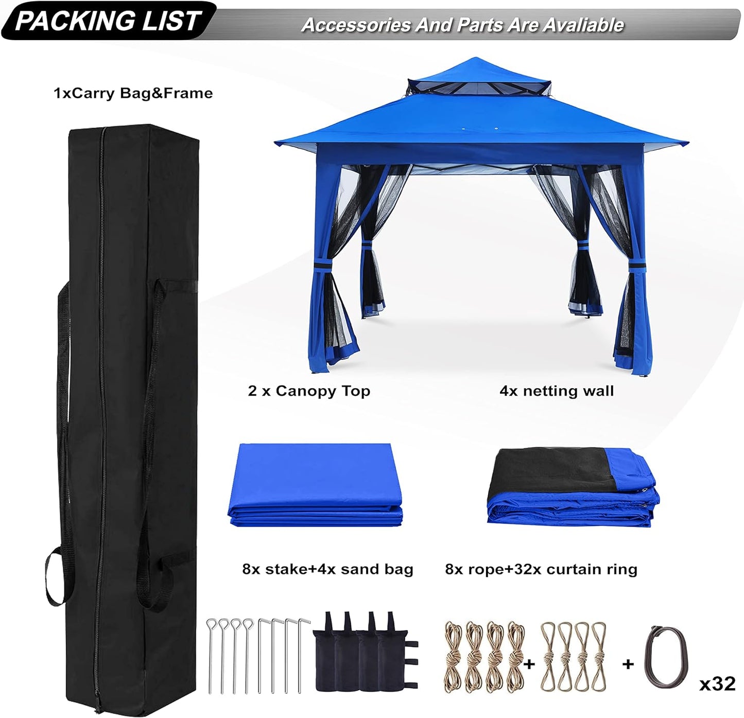 NEW - ABCCANOPY Pop Up Gazebo 13x13 - Outdoor Canopy Tent with Mosquito Netting for Patio Garden Backyard (Blue) - Retail $179