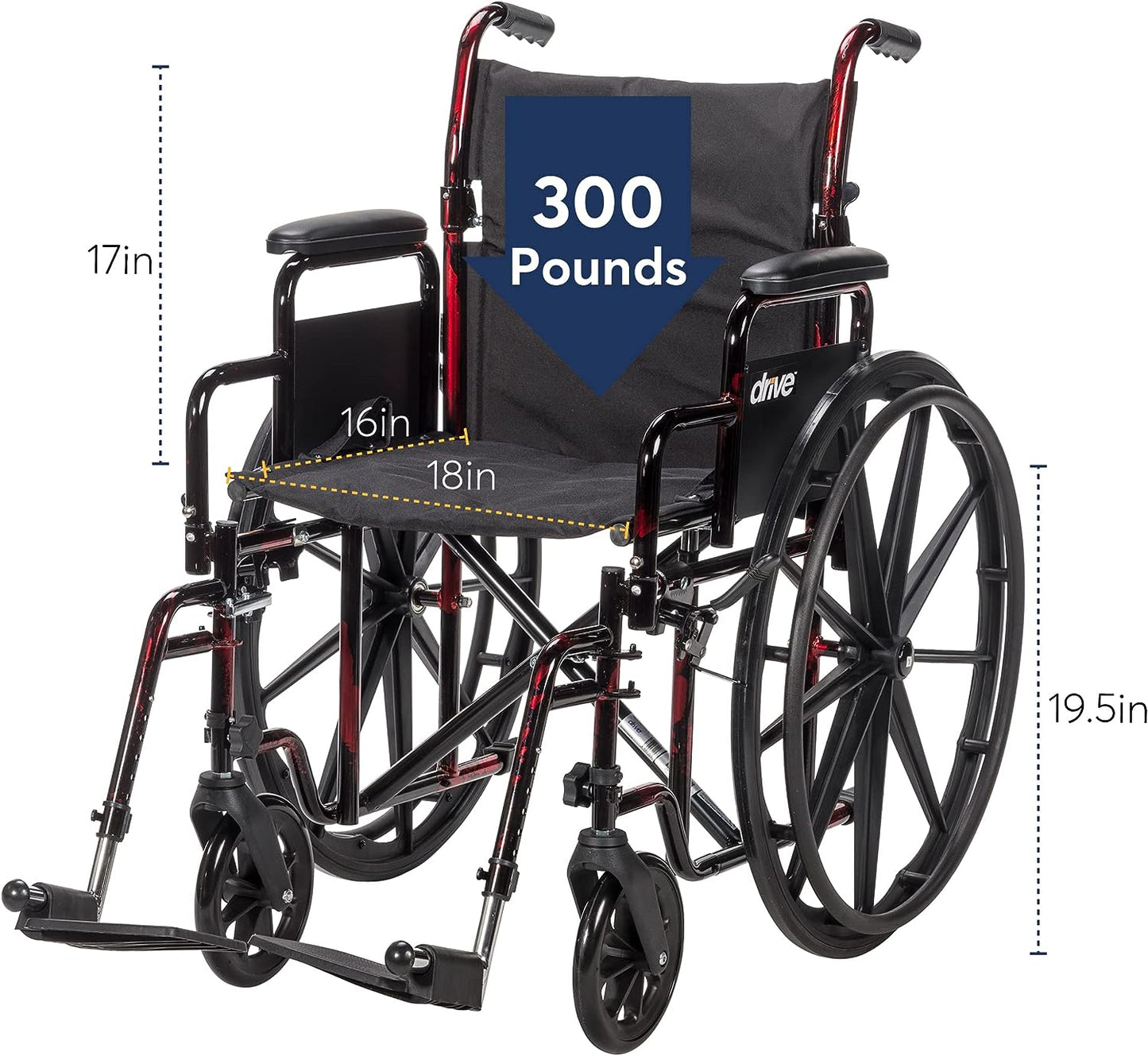 NEW - Drive Medical RTLREB18DDA-SF Rebel Lightweight Wheelchair with Swing-Away Footrest, Red - Retail $155