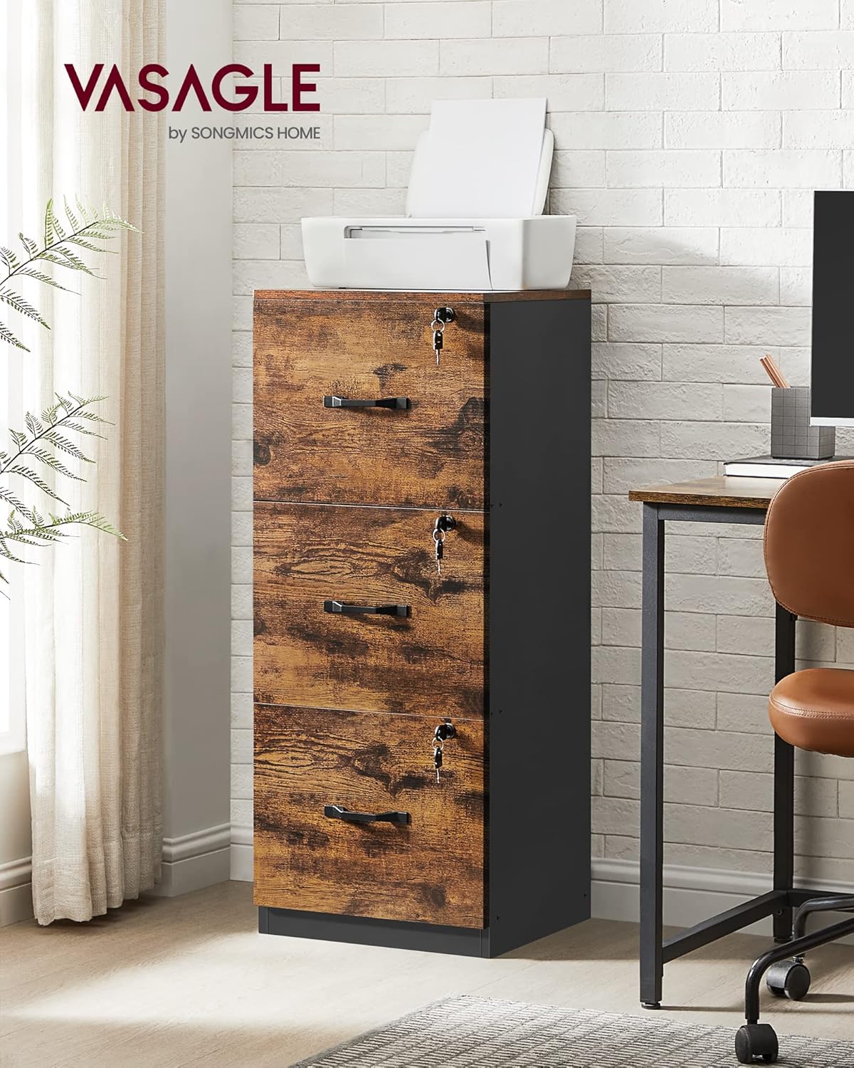 NEW -VASAGLE 3 Drawer File Cabinet, File Cabinet with Lock, Printer Stand, Office Filing Cabinet Organizer, for A4 and Letter Size Files, Rustic Brown and Black UOFC055B01 - Retail $109