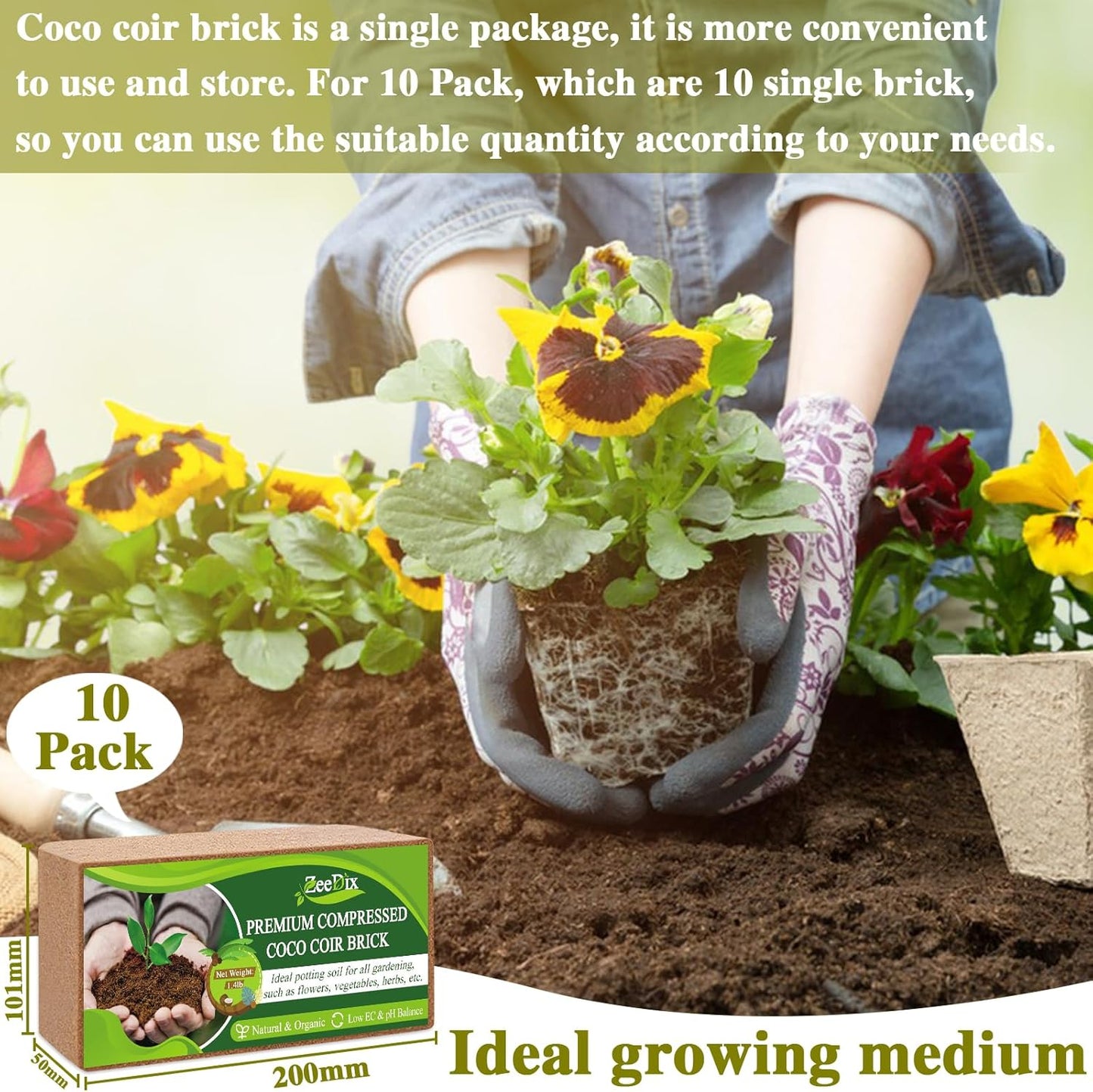 ZeeDix 9 Pack Premium Coco Coir Brick, Organic Compressed Coconut Coir Bricks Seed Starter Potting Soil for Plants, Coconut Fiber Substrate with Low EC & pH Balance for Gardening Flower Herbs