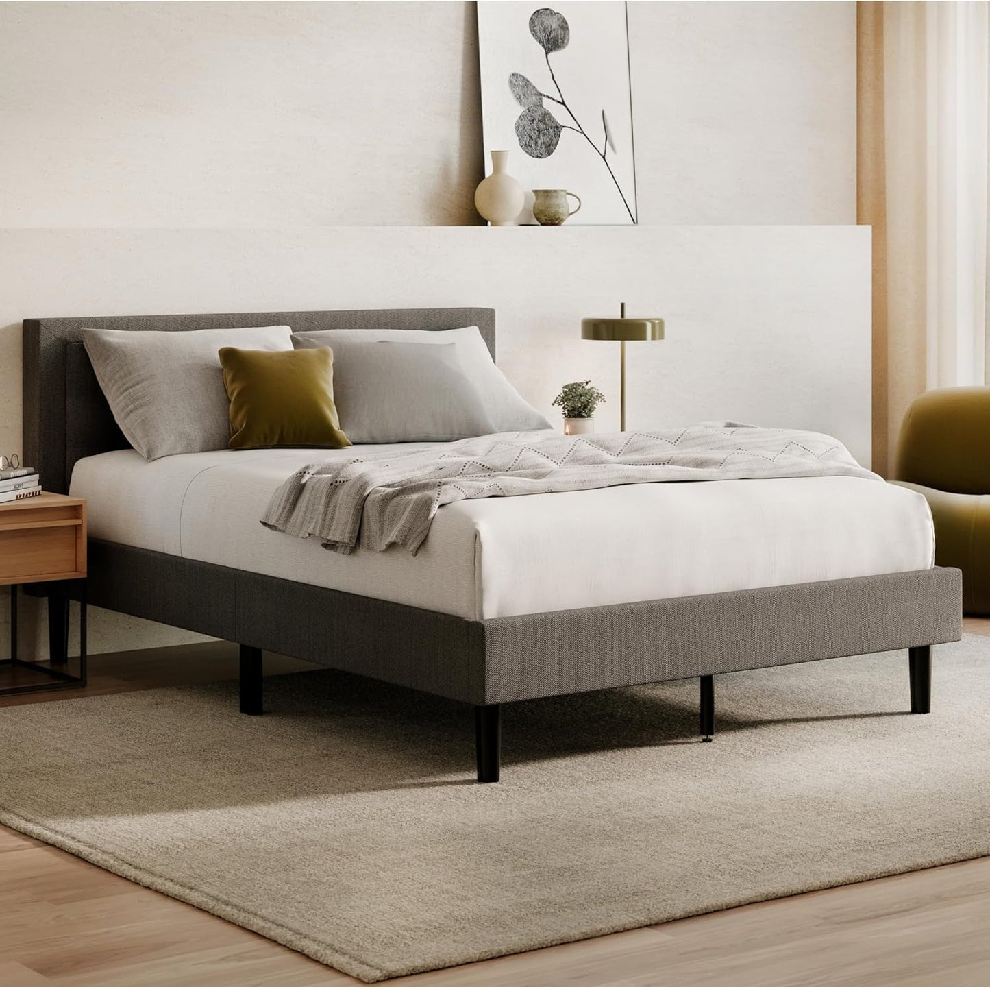 NEW - Nectar QUEEN Bed Frame & Headboard - Grey - 8 Inch Legs and Sturdy Wooden Slats for Support - Contemporary and Durable Upholstery - Holds Up to 700 Pounds - Easy Assembly - Retail $449