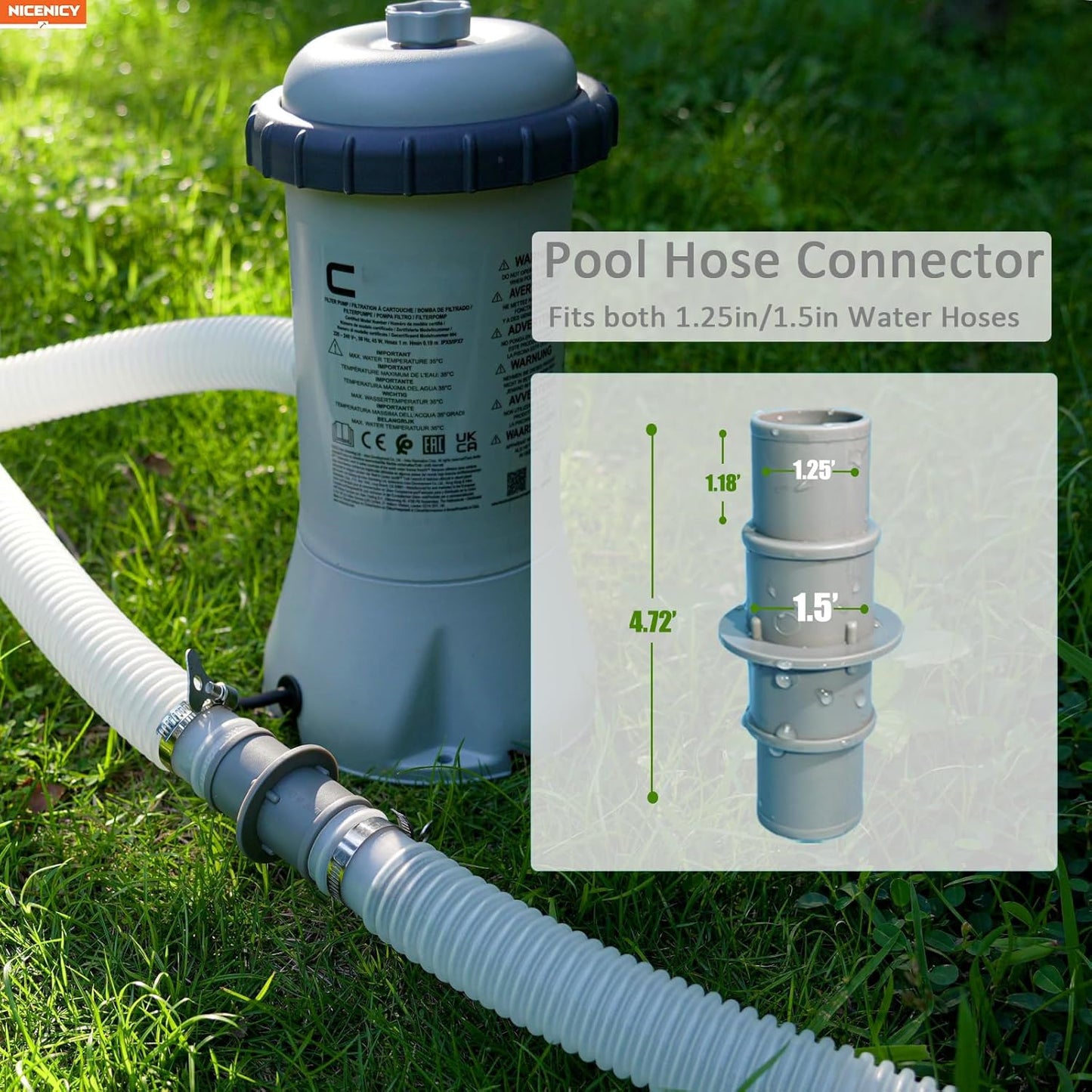 NICENICY Pool Hose Connector, 1.5" or 1.25" Pool Hose Connector Coupling with 4PCS Steel Clamps, Pool Hose Adapter for Swimming Pool Vacuum or Filter Pump Hoses, 2PCS