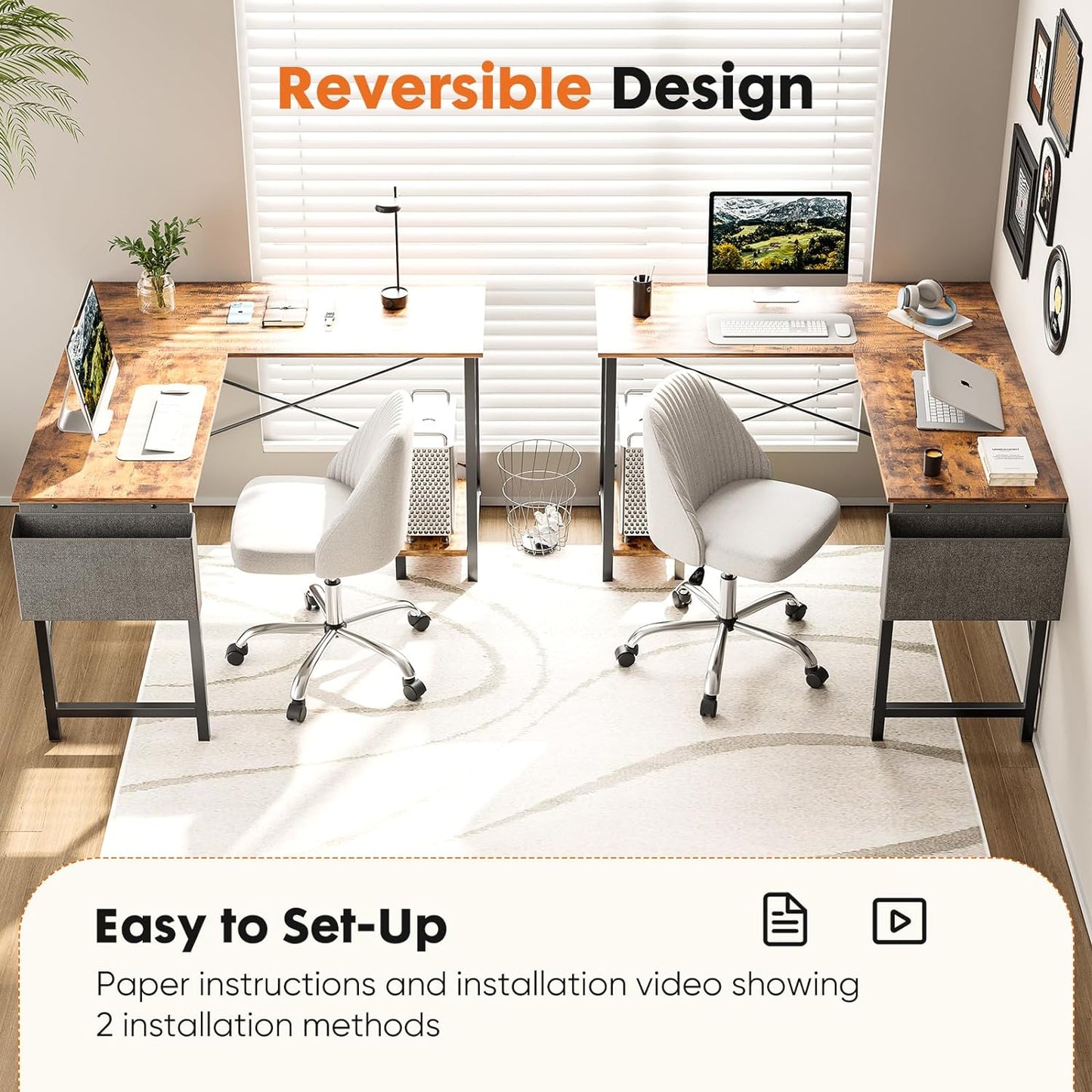 NEW - Sweetcrispy L Shaped Computer Desk - Gaming Table Corner Desk 50 Inch PC Writing Desk Study Desks with Wooden Desktop CPU Stand Side Bag Reversible for Home Office Dorm Small Space, Rustic - Retail $69