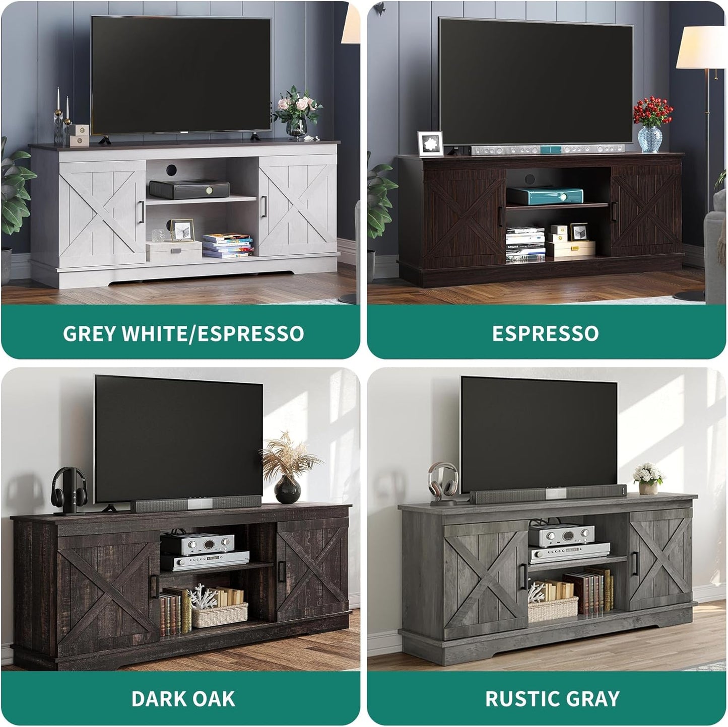 YITAHOME TV Console for 65 Inch TV, Farmhouse TV Stand with Double Barn Doors and Storage Cabinets, Mid Century Modern Media Console Table TV Cabinet for Living Room, 59 Inches, Grey White/Espresso