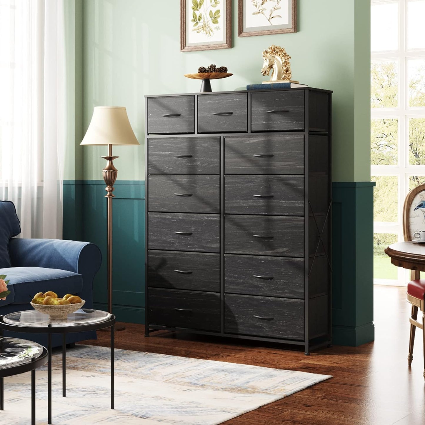 NEW - WLIVE Tall Dresser for Bedroom with 13 Drawers, Storage Dresser Organizer Unit, Fabric Dresser for Bedroom, Closet, Chest of Drawers, Steel Frame, Wood Top, Charcoal Black Wood Grain Print - Retail $110