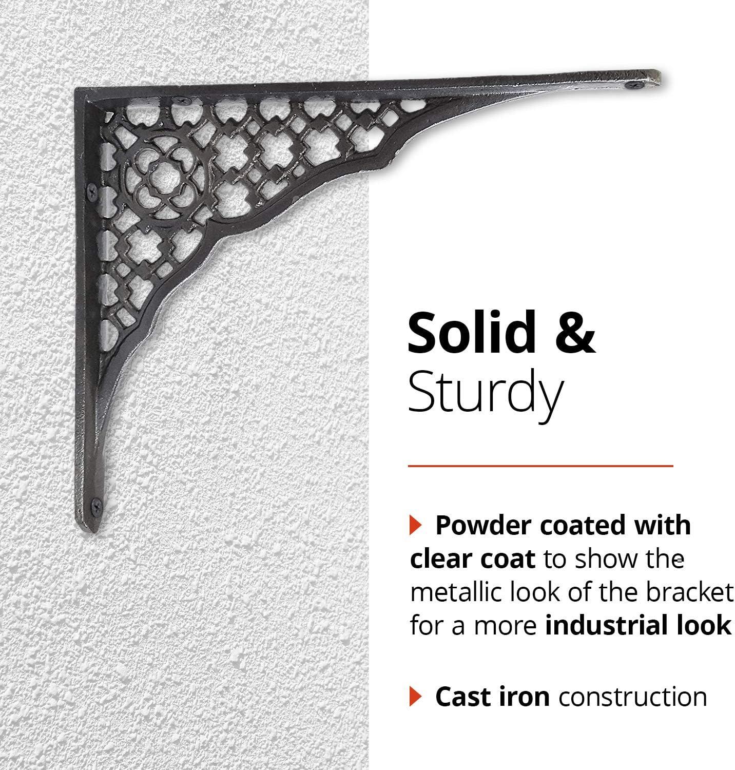 NACH Decorative Shelf Brackets, 2 Pack of 6.5 x 1 x 8.5 inch, Black Cast Iron Shelf Support Bracket - Metal Shelf Brackets for Wall - Lattice Shelf Bracket