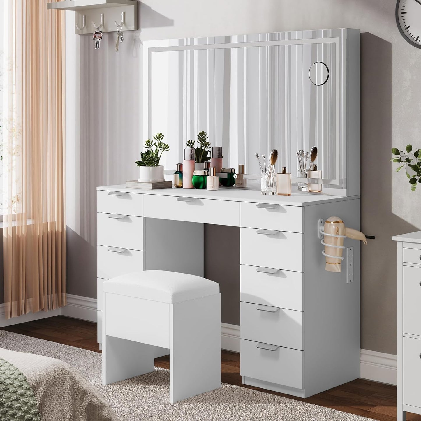 NEW - DWVO Wooden Makeup Vanity Desk Set with XL LED Mirror and Power Outlets, 11-Drawer Dressing Table with Storage Bench and Magnifying Glass for Bedroom, Pearl White - Retail $299