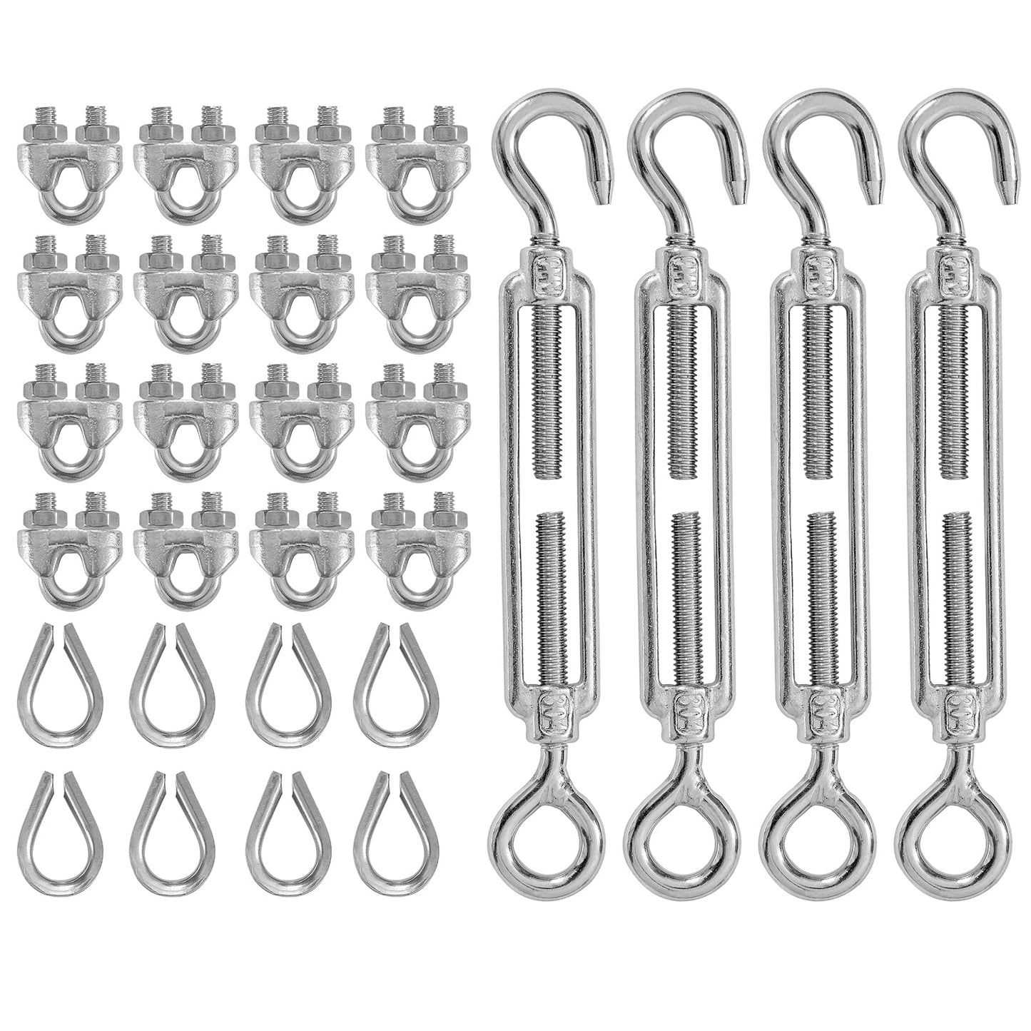 4PCS M6 Hook & Eye Turnbuckle 304 Stainless Steel Turnbuckle Wire Rope Tension, 8PCS M3 Stainless Steel Thimble, 16PCS M3 Wire Rope Clip Clamp, Cable Railing Kit