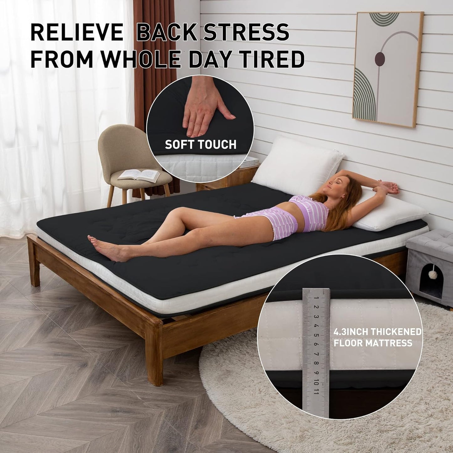 NEW - Japanese FULL Floor Futon Mattress Extra Thick Folding Roll Up Bed Topper Mat for Guest,Lounger and Tavel - Retail $100