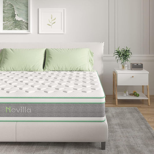 NEW - Novilla QUEEN Mattress, 12 Inch Hybrid Mattress in a Box, Innerspring Mattress with Gel Memory Foam for a Cool Sleep, Pressure Relief, Medium Firm Pillow Top Mattress, Groove - Retail $274