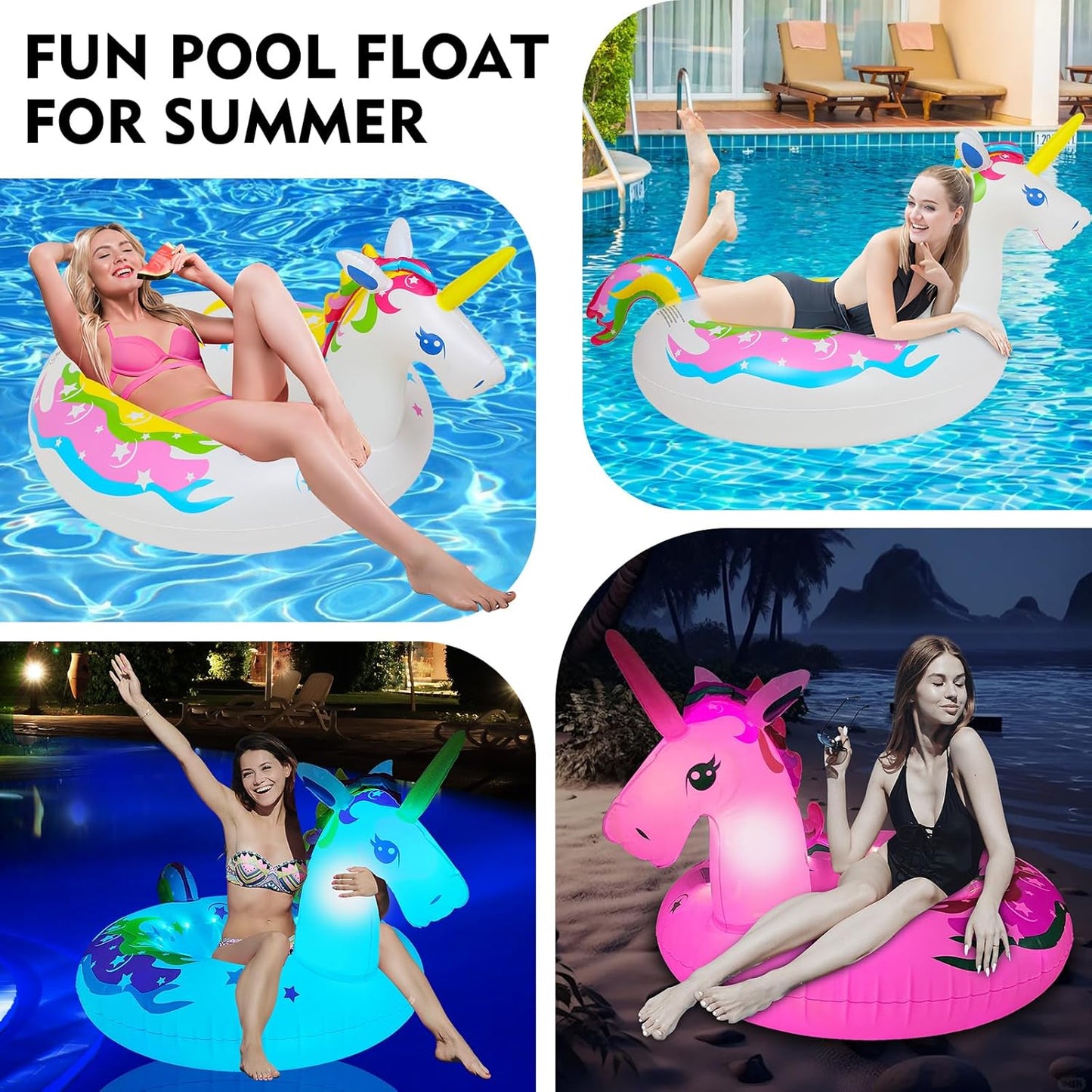 43 Inch Solar Powered Floating Unicorn Pool Light with 7 Modes Color Changed LED Lights,Large Inflatable Pool Swim Ring