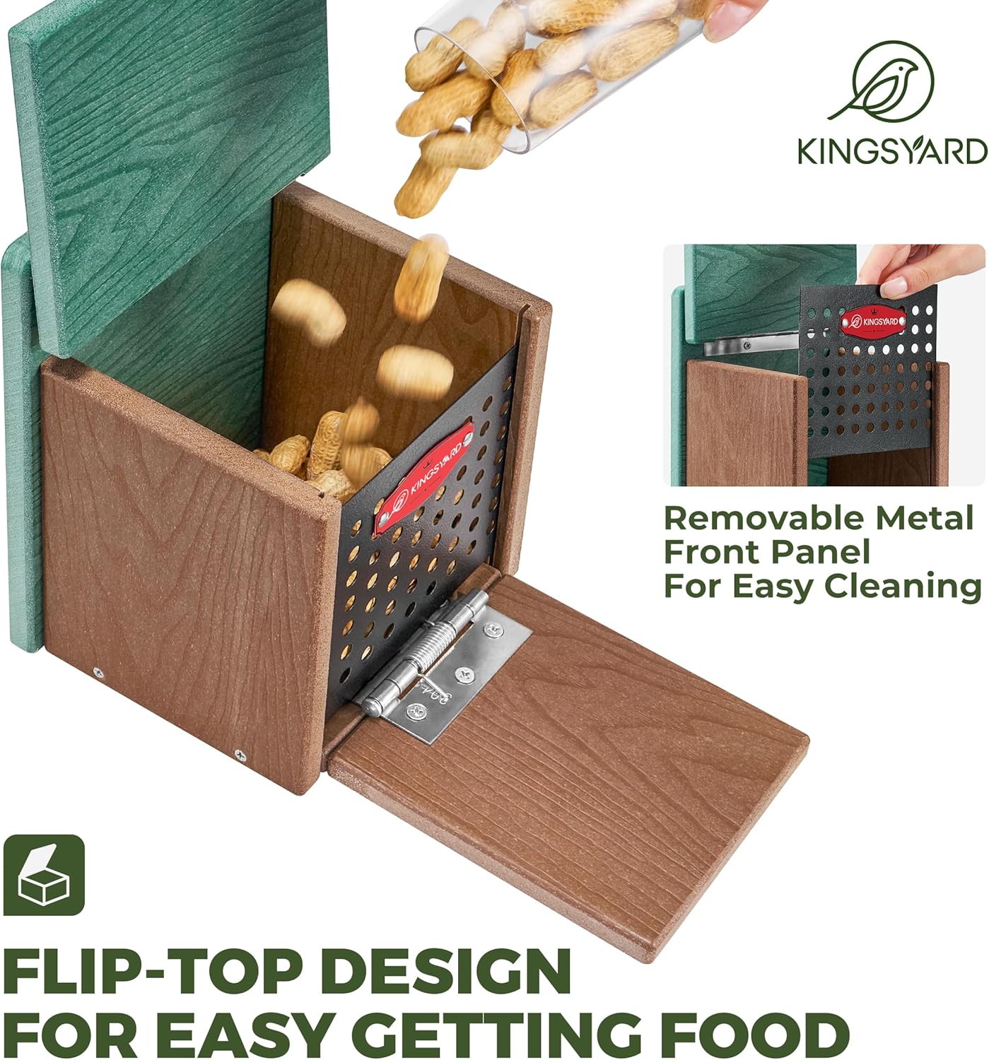 Kingsyard Squirrel Feeder Box for Outside, Recycled Plastic Squirrel Feeder with Removable Metal Front Panel & Perch, Easy to Fill & Clean, Weather-Proof Roof (Green)