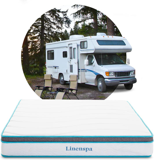 NEW - Linenspa 8 Inch SHORT QUEEN Memory Foam and Spring Hybrid Mattress - RV Trailer & Camper - Medium Firm Feel - Cooling & Conforming Support - Quality Comfort - Breathable - Bed in a Box - Short Queen Size - Retail $229