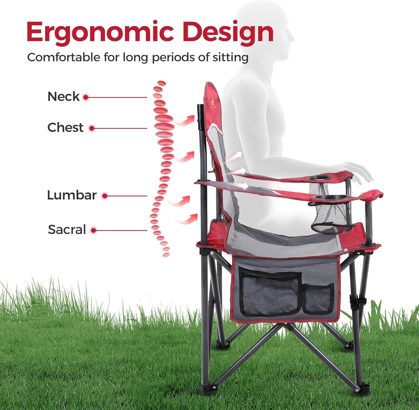 ALPHA CAMP Oversized Mesh Back Camping Folding Chair Heavy Duty Support 350 LBS Collapsible Steel Frame Quad Chair Padded Arm Chair with Cup Holder Portable for Outdoor (Red) - Retail $90