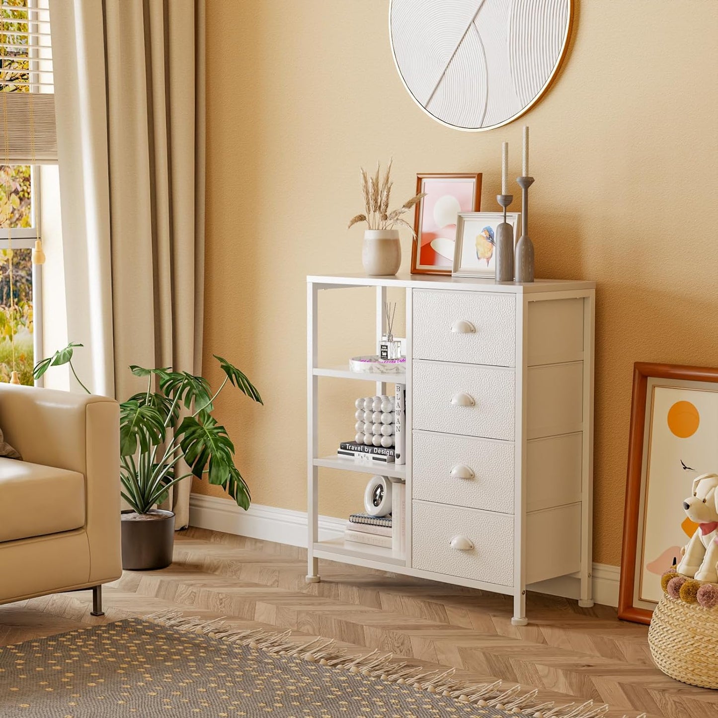 NEW - Furologee 4 Drawers Dresser for Bedroom, Small White Dresser with Shelf, Nightstand Side Table for Entryway, Living Room, Lightweight Fabric Storage Drawer Organizer Unit, Wood Top, Metal Frame - Retail $99