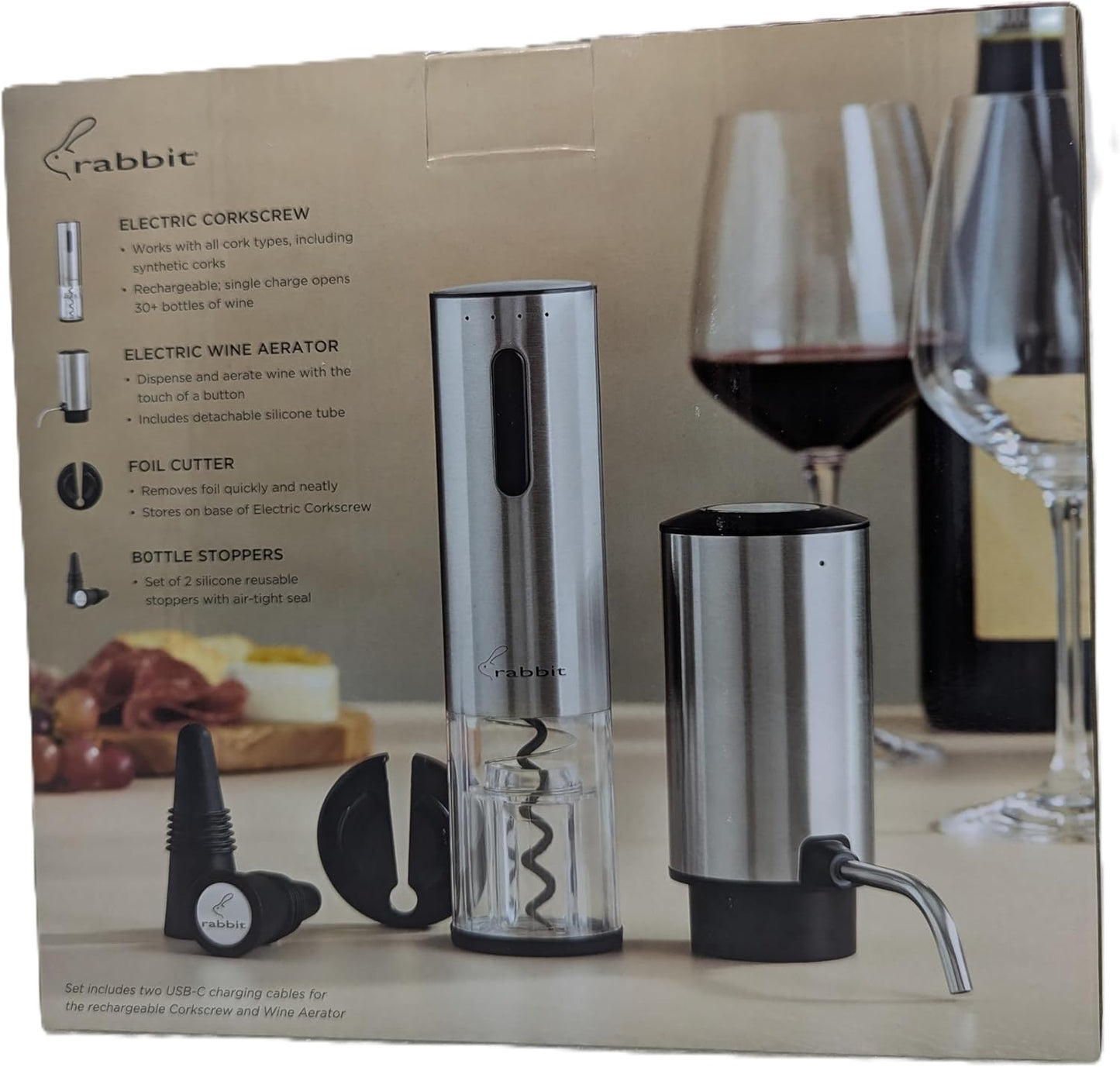 Rabbit Electric Wine Tool Set - 5-Piece Wine Accessory Collection - Aerator, Corkscrew, Cutter, Stoppers, Charging Cables - Retail $39