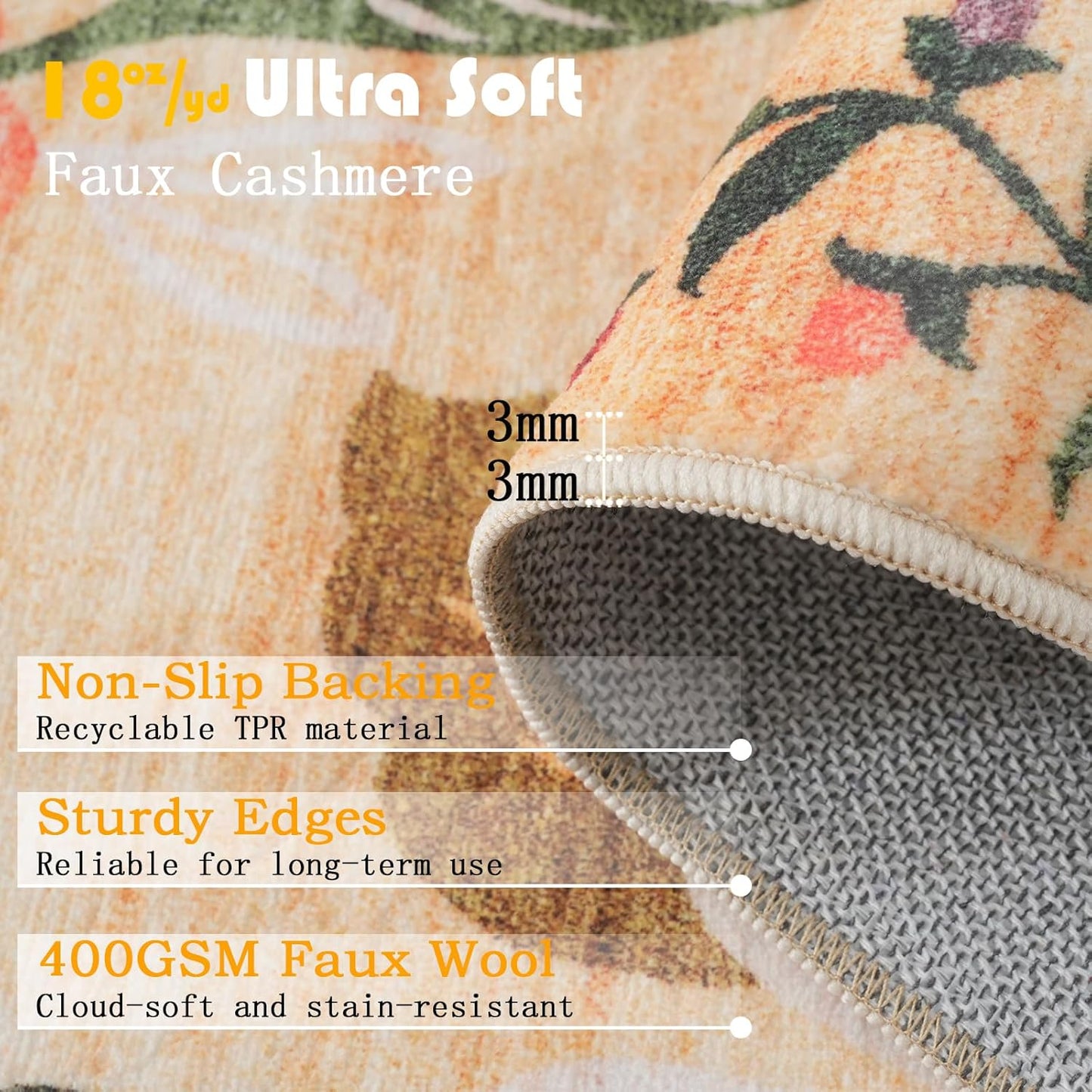 2X3 Washable Indoor Floral Rug, Ultra-Thin, Soft, Non-Slip, Stain Resistant, Low-Pile Throw