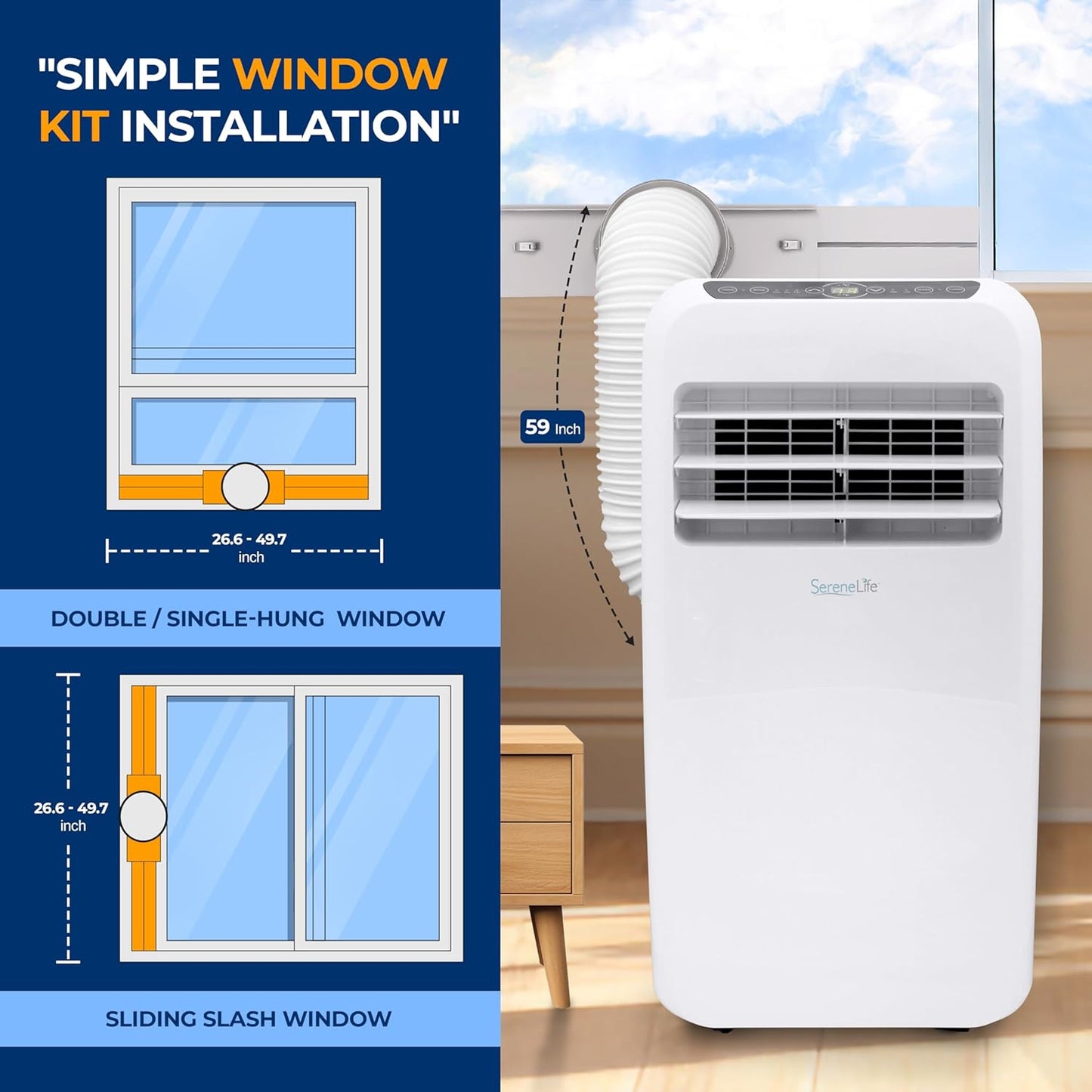 SereneLife Small Air Conditioner Portable 10,000 BTU with Built-in Dehumidifier + Heat - Portable AC unit for rooms up to 450 sq ft - Remote Control, Window Mount Exhaust Kit