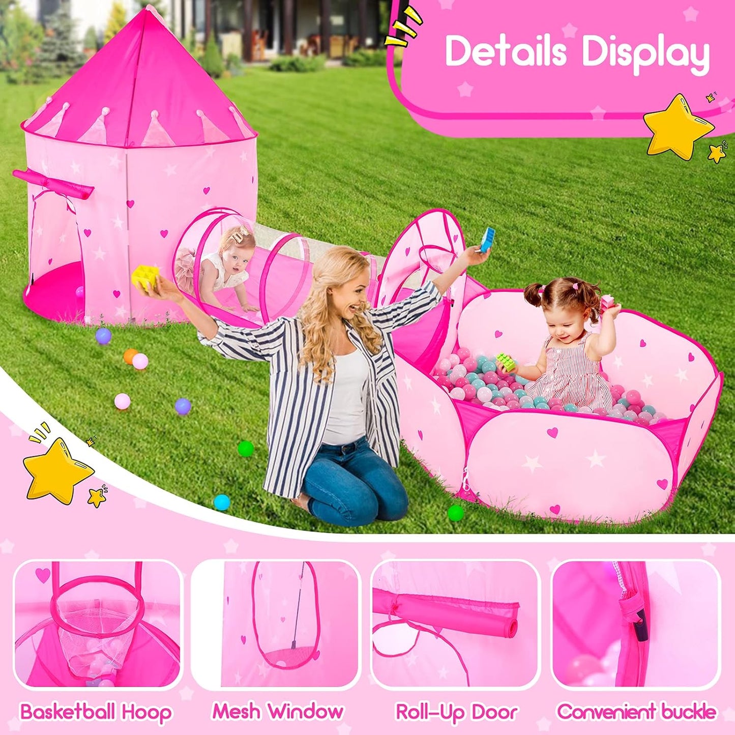 PigPigPen 3pc Kids Play Tent for Girls with Ball Pit, Crawl Tunnel, Princess Tents for Toddlers, Baby Space World Playhouse Toys, Boys Indoor& Outdoor Play House, Perfect Kid’s Gifts