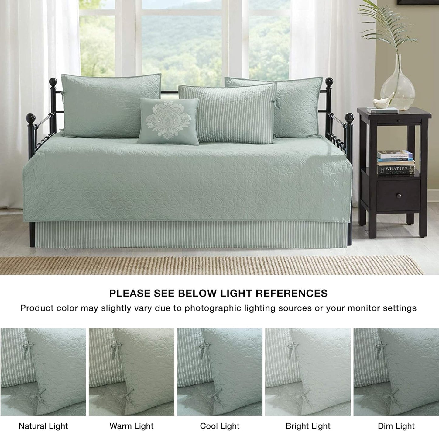 Madison Park Cotton Daybed Cover Set-Double Sided Quilting Classic Cottage Design All Season Bedding with Bedskirt, Matching Shams, Decorative Pillow, 39"x75", Quebec Seafoam 6 Piece