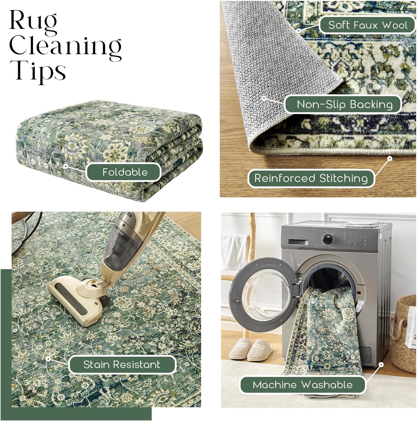 NEW - 6x9 Area Rugs Washable Rugs for Bedroom,Faux Wool Moody Floral Boho Vintage Oriental Indoor Carpet for Living Room,Hunter Forest Green - Retail $86