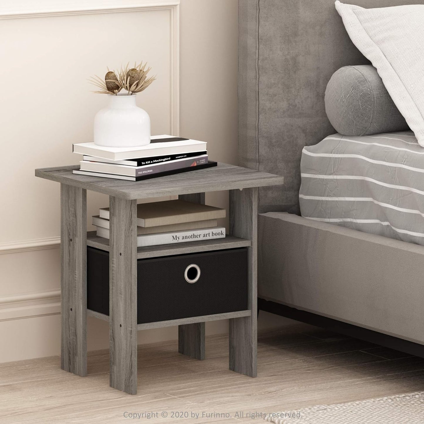 NEW - Furinno Andrey End Table / Side Table / Night Stand / Bedside Table with Bin Drawer, French Oak Grey/Black - Retail $24