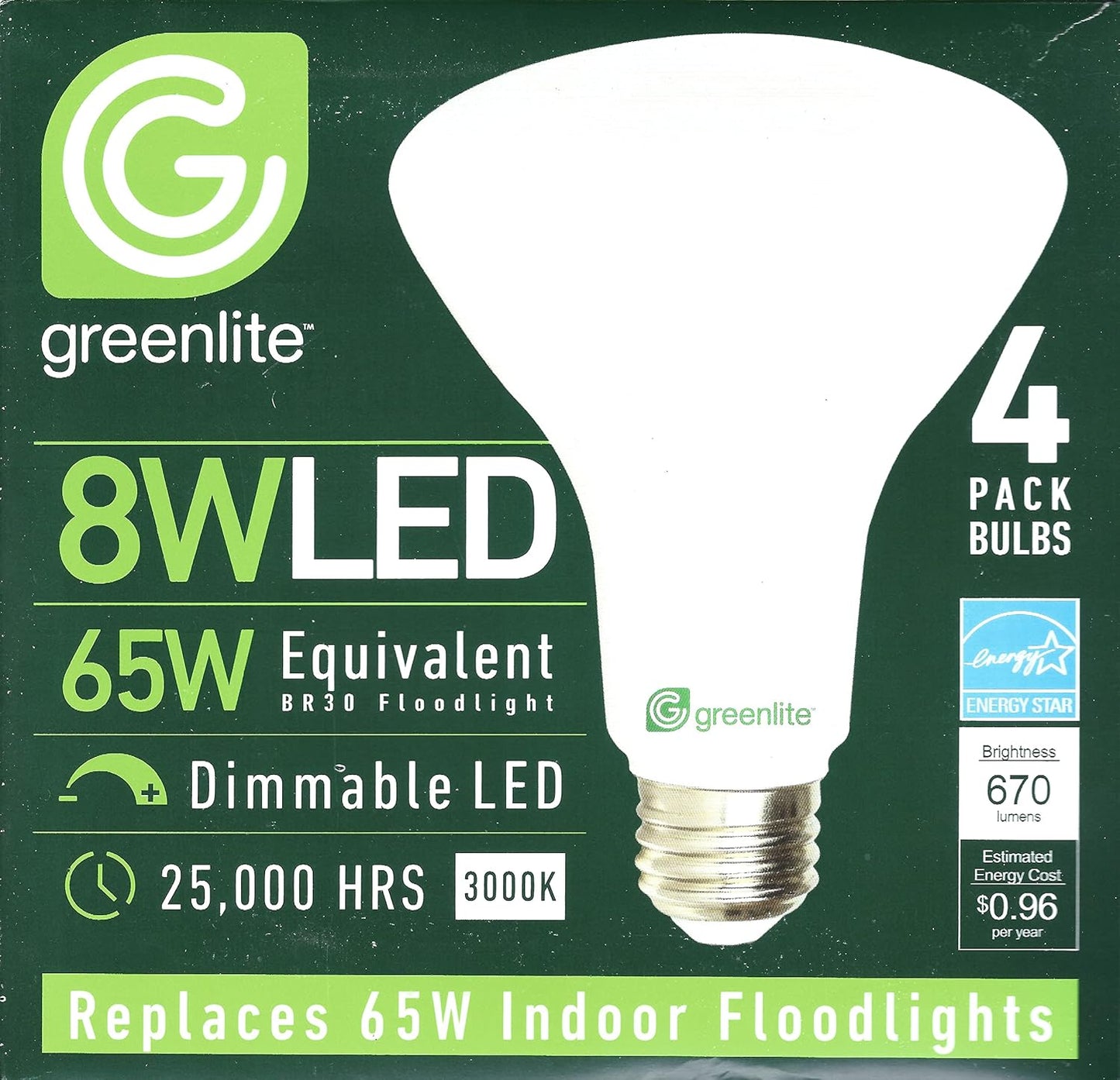 Greenlite LED BR30 Light Bulb, 65W = 8W, Dimmable, 670 Lumens, 3000K, Bright White - 4 Pack - Retail $19