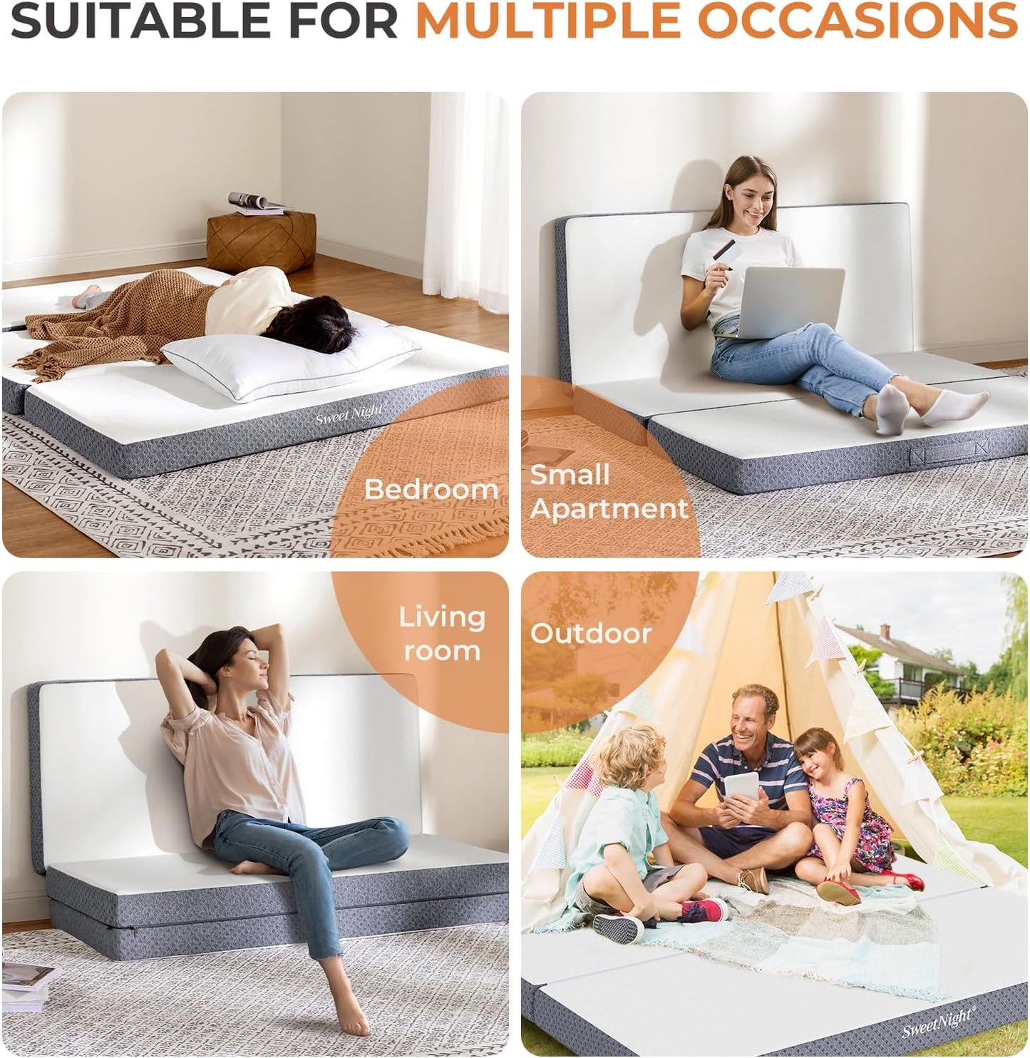NEW - Sweetnight Queen Tri Folding Mattress - 4-inch Foldable Mattress with a Collapsible and Washable Cover | Medium-Firm with Non-Slip Design | Suitable for RV Travel, Camping, Guest Queen - Retail $147