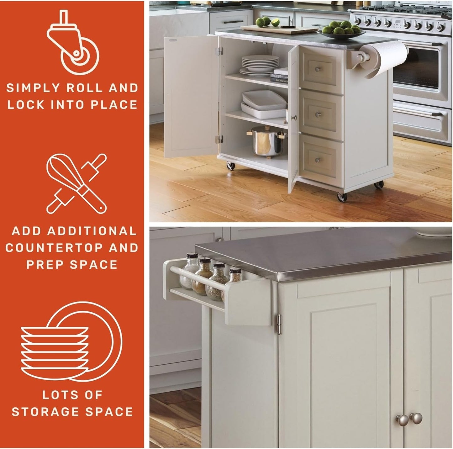 Homestyles Kitchen Cart with Stainless Steel Metal Top Rolling Mobile Kitchen Island with Storage and Towel Rack 54 Inch Width Off White - Retail $246