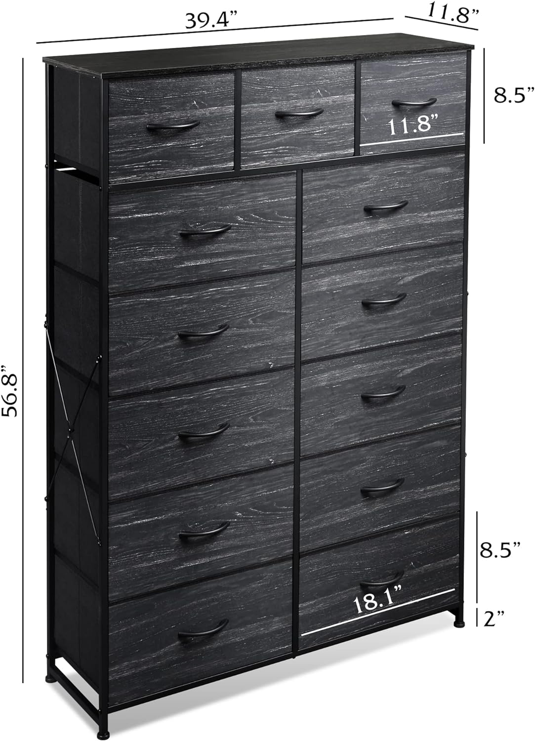 NEW - WLIVE Tall Dresser for Bedroom with 13 Drawers, Storage Dresser Organizer Unit, Fabric Dresser for Bedroom, Closet, Chest of Drawers, Steel Frame, Wood Top, Charcoal Black Wood Grain Print - Retail $110