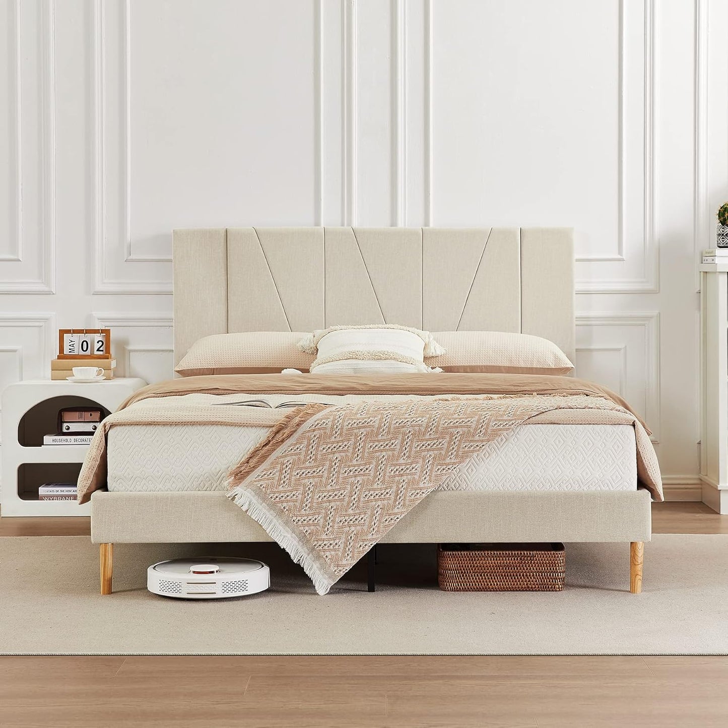 NEW - Flolinda FULL Size Bed Frame Upholstered Platform with Linen Fabric Headboard and Strong Wooden Slats, No Box Spring Needed, Easy Assembly,Beige - Retail $149