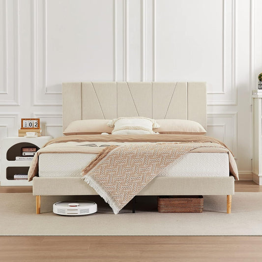 NEW - Flolinda FULL Size Bed Frame Upholstered Platform with Linen Fabric Headboard and Strong Wooden Slats, No Box Spring Needed, Easy Assembly,Beige - Retail $149