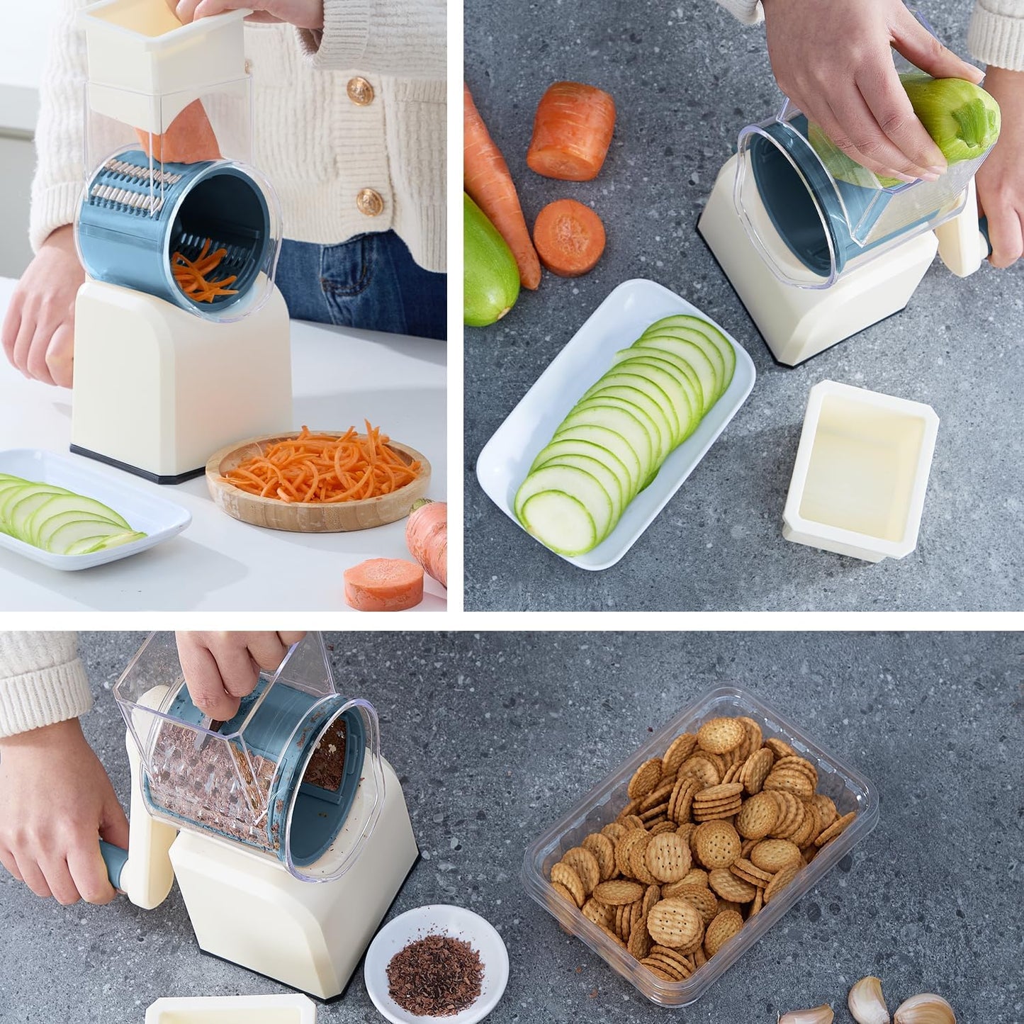 rotary cheese grater slicer with handle and suction base, stainless steel mandoline slicer with large barrel, vegetable potato slicer, nut grinder, carrot shredder, chopper, cutter