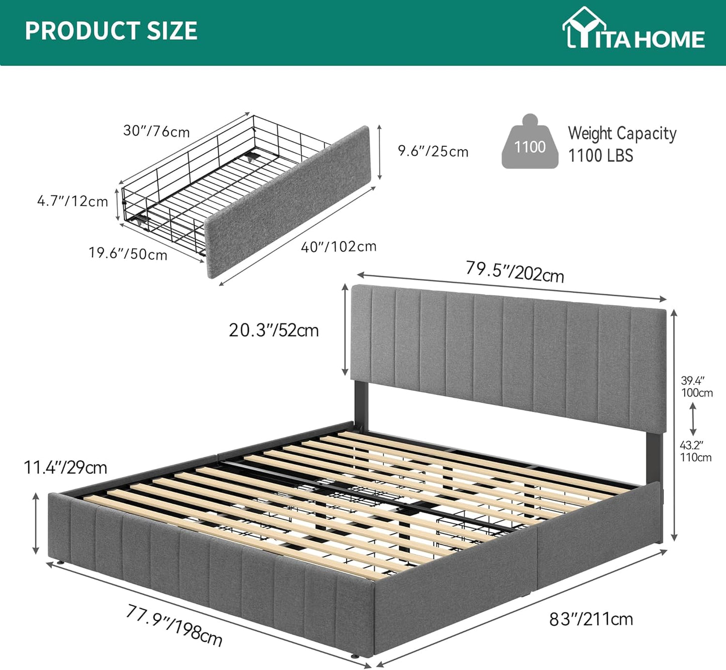 YITAHOME King Size Bed Frame, Storage Bed Frame with 4 Drawers, Adjustable Upholstered Headboard Platform Bed with Sturdy Wood Slat Support, No Box Spring Needed, Easy Assemble, Grey