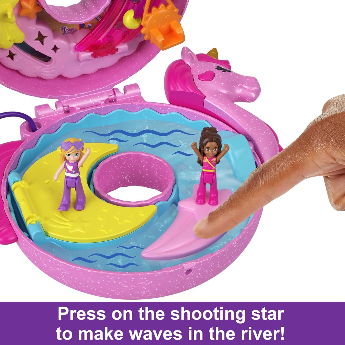 Polly Pocket Sparkle Cove Adventure Unicorn Floatie Compact Playset with 2 Micro Dolls & 12 Accessories, Including 2 with Color Change
