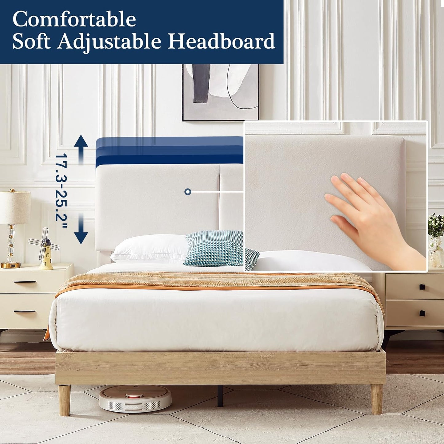 NEW - VECELO QUEEN Bed Frame Upholstered Platform Beds with Height-Adjustable Cotton and Linen Headboard, Heavy Duty Wood Slats, 6" Under-Bed Space, Noise-Free, No Box Spring Needed,Easy Assembly