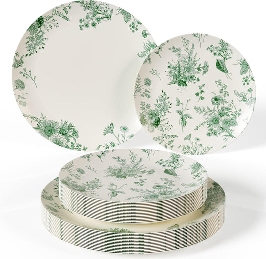 Trendables 40 Piece Plastic Disposable Plates Set For 20 Guests I 20 X 8 Inch Dessert Plates & 20 X 10 Inch Disposable Plastic Plates | Wedding Party Plates | Ivory & Green Verdure Design
