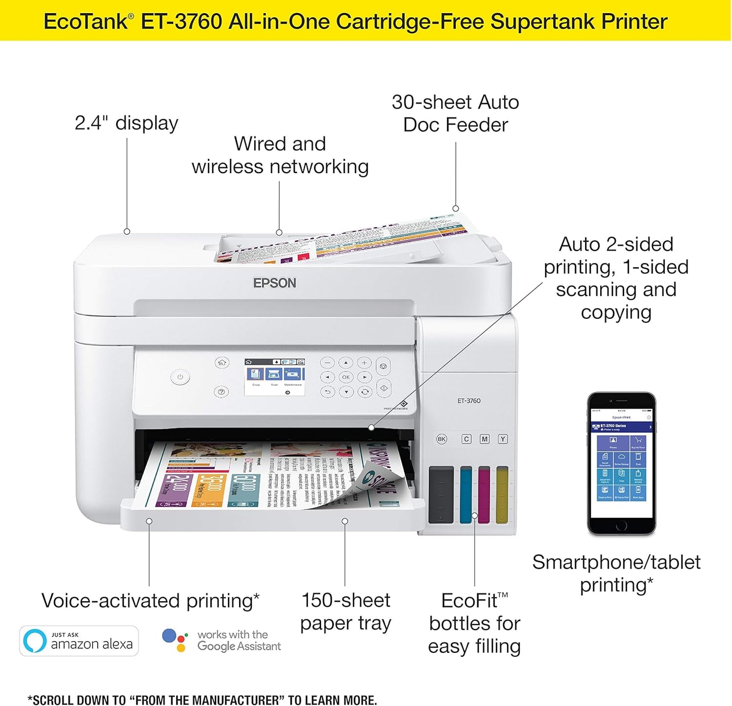 Epson EcoTank ET-3760 Wireless Color All-in-One Cartridge-Free Supertank Printer with Scanner, Copier and Ethernet, Regular - Retail $360