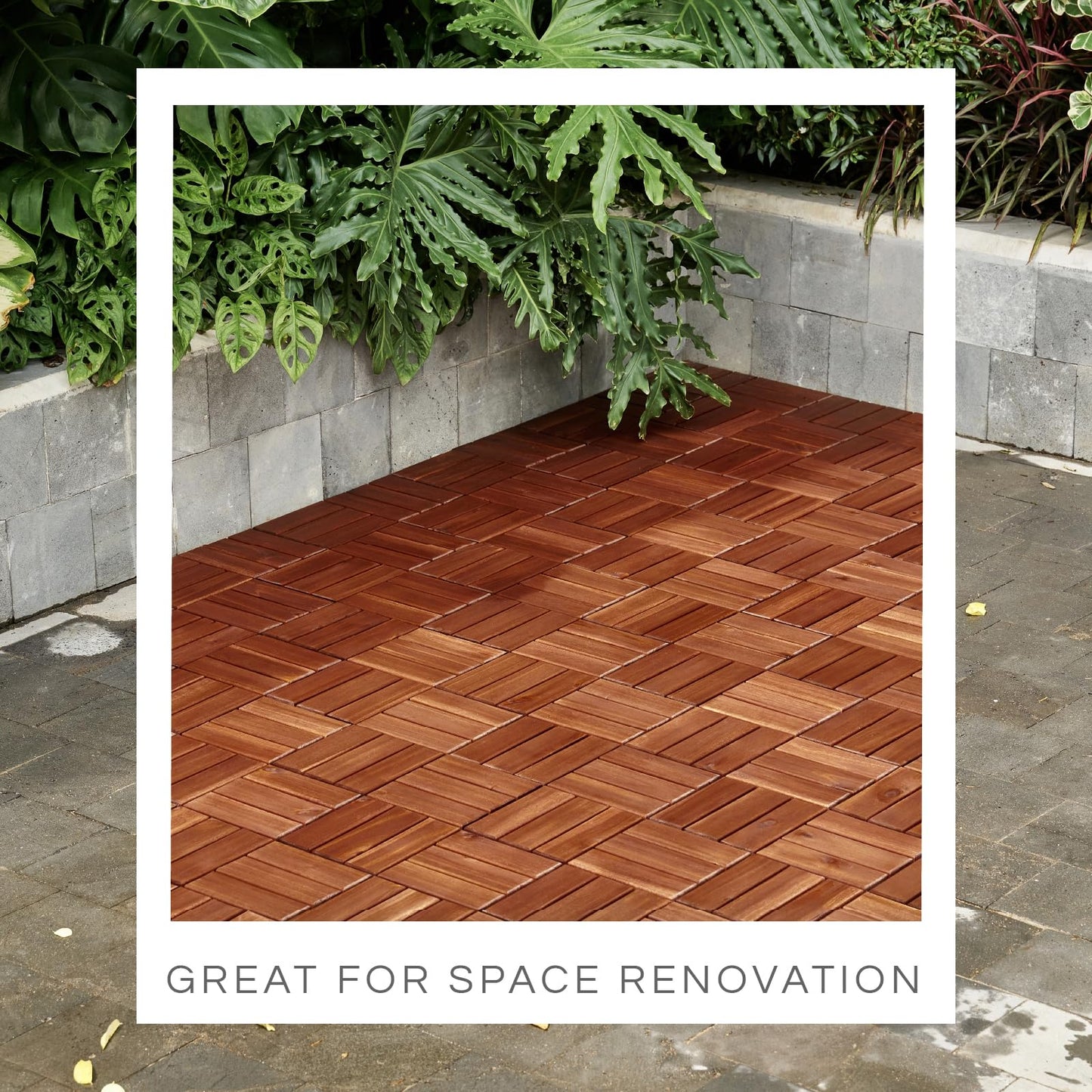 Set 10 Premium Deck Tiles, Interlocking Deck Tile, Wooden Patio Flooring Outdoor Waterproof, Acacia Wood Decking All Weather for Balcony Indoor and Outdoor Use (Dark Brown, Round Joints)