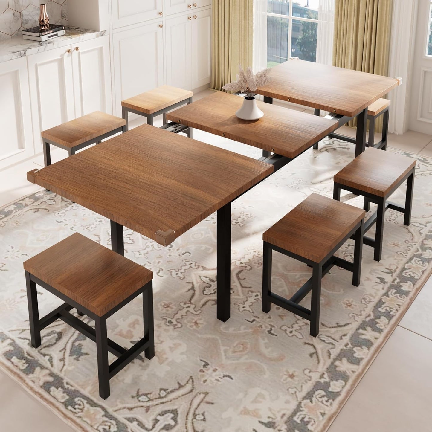 Feonase 7-Piece Dining Table Set with 6 Stools, 63" Large Extendable Kitchen Table Set for 4-8, Mid-Century Dining Room Table with Heavy-Duty Frame, Easy Assembly, Walnut