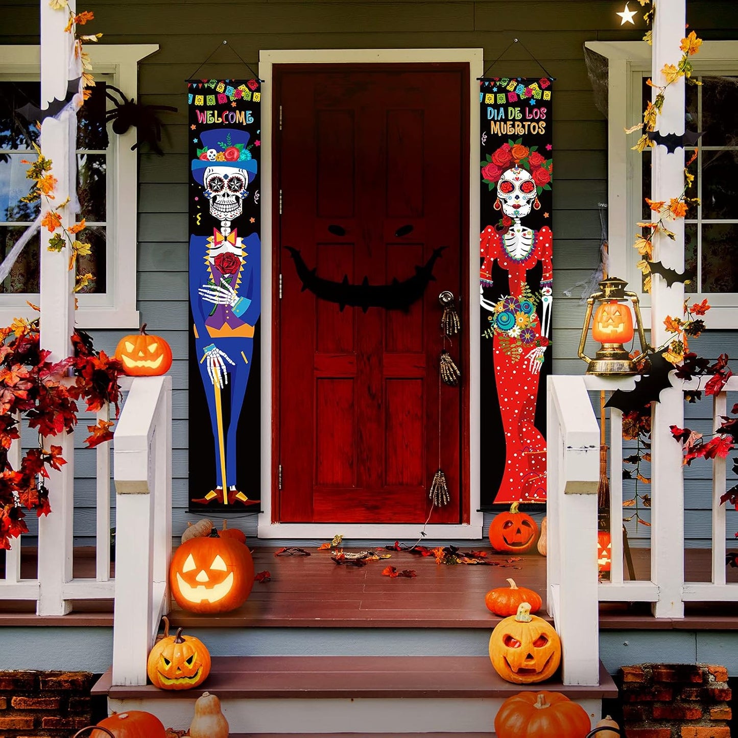2 Pieces Day of The Dead Porch Sign Dia De Los Muertos Porch Decorations 11.8 x 70.9 Inch Autumn Mexico Welcome Halloween Door Banner Fall Hanging Wall Banner for Festival Indoor Outdoor Decoration