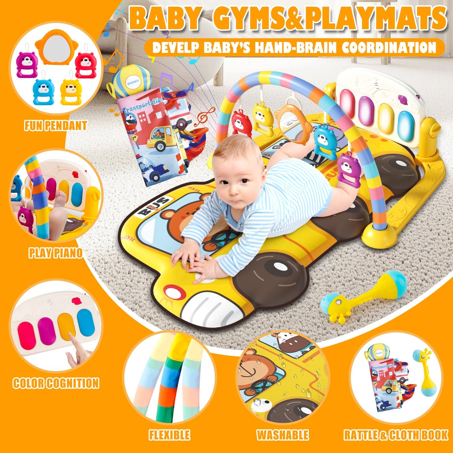 Cartoon Bus Theme Baby Piano mat Kick and Play Gym playmat,Baby Play mat Tummy time mat Fitness Piano with Music and Lights (Bus Baby Play mat(Yellow))
